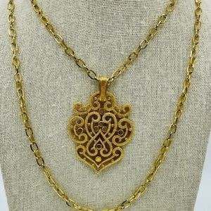 Vintage Crown Trifari Gold Tone Pendant Double-Strand Necklace
